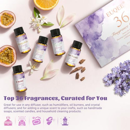 EUQEE 36 Pcs Fragrance Oil Gift Set-36x0.17Fl Oz Gift Box for Women & Men | Premium Scented Oils for Diffuser, Candle & Soap Making, Long-Lasting Aromatherapy Essential Oils for DIY Home Fragrance - color: 36pcs Fragrance Set