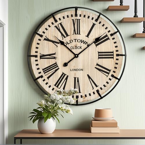 EMAX HOME Rustic Farmhouse Wall Clock 24 Inch, Vintage Oldtown London Wooden Large Clock with Silent Tick, for Bedroom, Office, Kitchen, Indoor Home Decoration - color: Brown, size: 24 Inch Black numerals