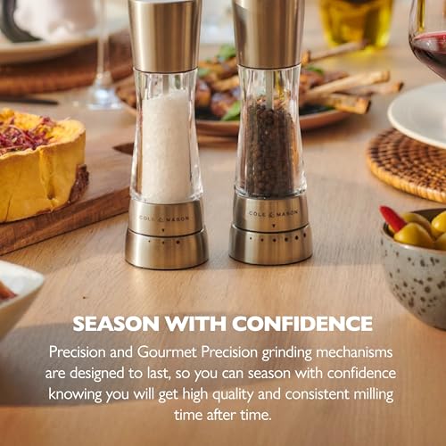 Cole & Mason Derwent Salt & Pepper Grinder Set with Tray - Salt & Pepper Grinder Set with Adjustable Grind Settings - Easily Refillable Spice Mills for Enhanced Taste - Stainless Steel
