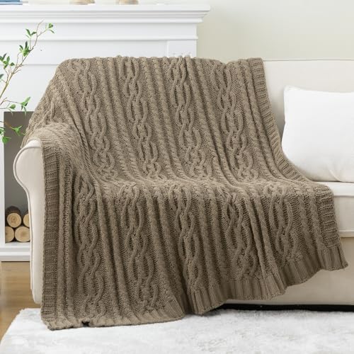 Battilo Camel Tan Chenille Throw Blanket for Couch, Soft Cozy Cable Knit Throw Blanket,Brown Textured Throw Blanket for Autumn, 51"x67" - color: Camel