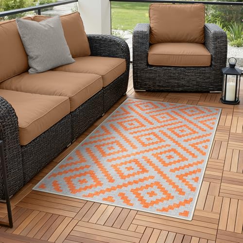 GENIMO Outdoor Rug 3'x5' Waterproof for Porch, Plastic Door Mat Orange Grey | Outside Modern Carpet Mat for Patio Decor, Porch, Deck, Balcony, Camping, RV, Picnic, Beach, Reversible, Foldable - color: Orange & Grey, size: 3' x 5' (Rectangular)