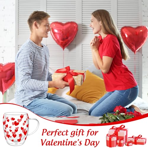 JarThenaAMCS Valentine' s Day Double Wall Glass Coffee Mugs Insulated Glasses 12Oz Red Heart Clear Espresso Cups with Handle for Home Holiday Supplies, Set of 2 - style: Red Heart