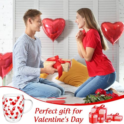 JarThenaAMCS Valentine' s Day Double Wall Glass Coffee Mugs Insulated Glasses 12Oz Red Heart Clear Espresso Cups with Handle for Home Holiday Supplies, Set of 2 - style: Red Heart