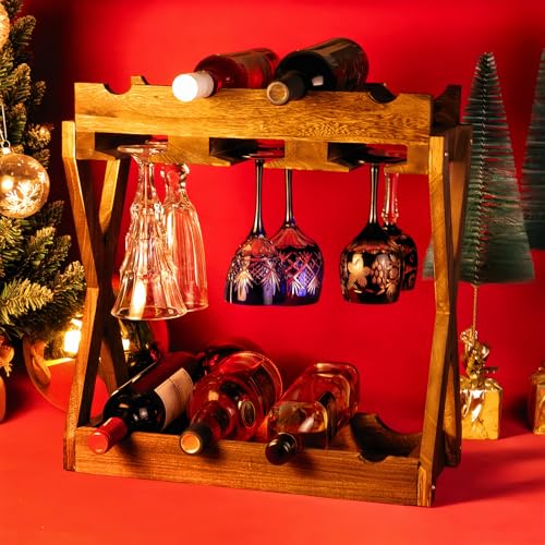 3-in-1 Countertop Wine Rack with Glass Holder | Store 8 Bottles, 6 Stemware Glasses and Wine Tools, Durable Wooden Wine Bottle Holder, Elegant Home Decor