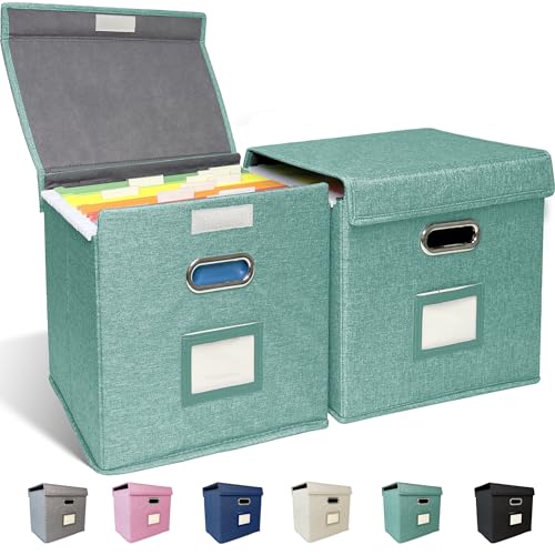 2 Pack Hanging File Folder Box with Lid, Durable Letter Size Filing Storage Box, Sturdy File Holder with Cardboard Support PVC Rails for Office Home Organizer, Green - color: Green