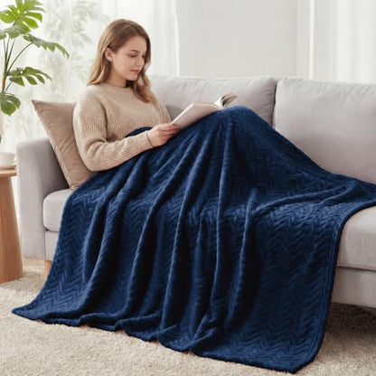 Exclusivo Mezcla Soft Fleece Blanket King Size, Cozy Lightweight Blankets with Decorative Wave Textured Suitable for All Season Use, Navy Blue, 90x104 Inches | 90"x104" Breathable Lightweight Flannel Blanket for Summer, Plush Cozy Jacquard Wave for Home D