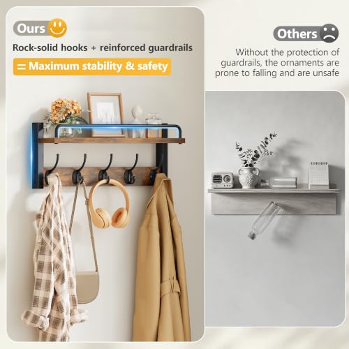 32.6"(16.3"*2) Wall Hooks with Shelf and Guardrail, Rustic Brown | Wall Coat Rack with 5 Hooks, Entryway Wall Coat Rack with Shelf, Coat Rack Wall Mount for Living Room, Bedroom, Kitchen - size: 32.6 Inch Long