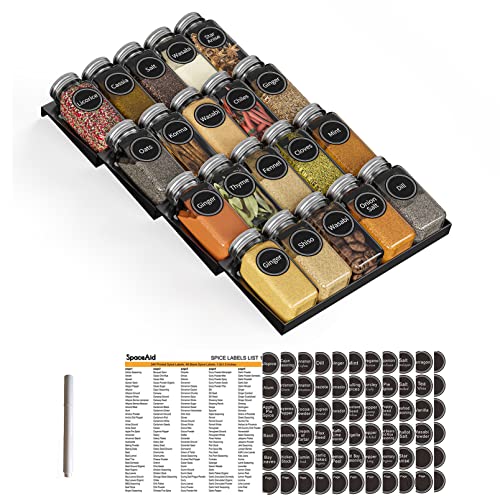 SpaceAid Spice Drawer Organizer with 20 Spice Jars, 386 Spice Labels, 4 Tier Seasoning Rack Tray Insert for Kitchen Drawers, 9-1/2" Wide x 17-1/2" Deep - size: 20 Jars, 9.5" Wide