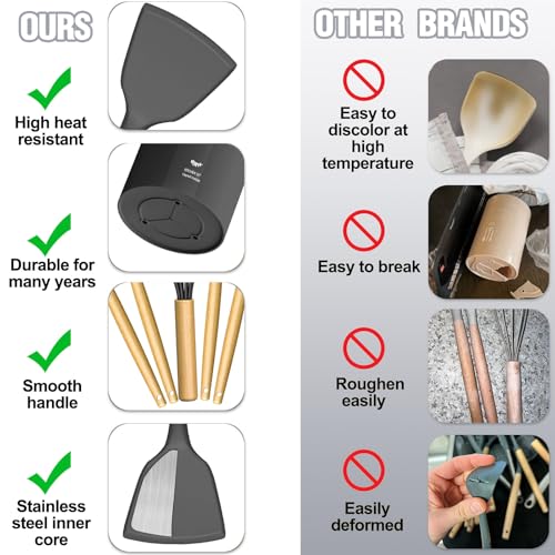Umite Chef Silicone Kitchen Utensil Set, 34PCS Heat Resistant Kitchen Gadgets and Tools With Grater, Wood Handles for Nonstick Cookware (Dark Gray) - color: Dark Gray