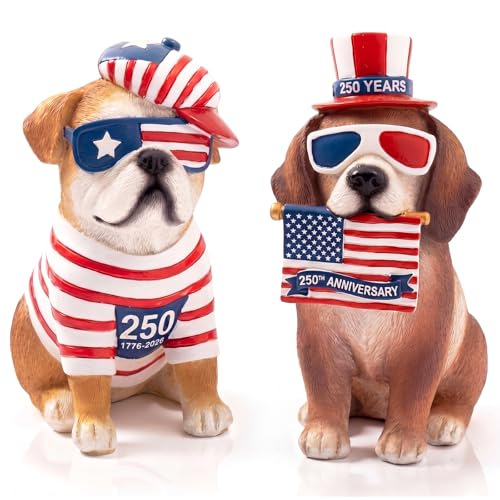 Wesiti 2 Pcs 250th Anniversary Puppy Dog Figurines Decor, 4th of July | Patriotic Stars Stripes Flag Dog Resin Statue, Red White and Blue Decorations, Home Garden Kitchen Office Table - style: Dog