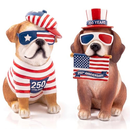Wesiti 2 Pcs 250th Anniversary Puppy Dog Figurines Decor, 4th of July | Patriotic Stars Stripes Flag Dog Resin Statue, Red White and Blue Decorations, Home Garden Kitchen Office Table - style: Dog
