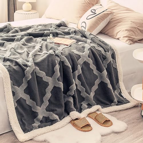 Geometric Sherpa Bed Blanket 80 × 90 inches, Ultra Soft Queen Size Throw Blanket for All Season, Cozy Plush Boho Fleece Blanket for Bedroom Living Room Dorm Hostel Sofa Camping, Dark Grey - color: B-dark Grey Diamond, size: 80x90 inch