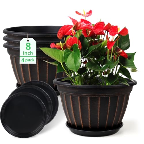 4 Pack Flower Pots,8 Inch Plants Pot,Planters Pot with Drainage Hole | Modern Planters for Outdoor Plants with Saucer,Decorative Resin Garden Pots for Outdoor Indoor Home Plants (Black) - color: Black, size: 8 inch-4 pack