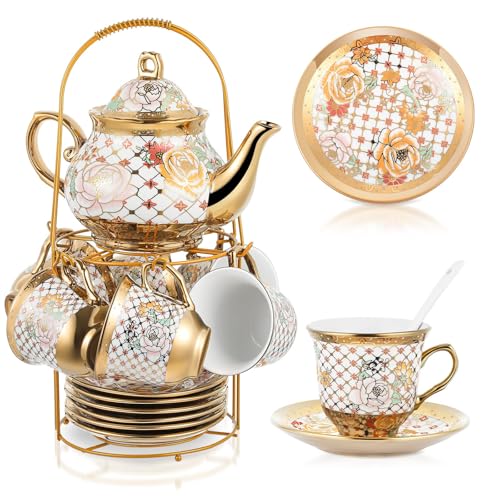 Zhehao 20 Pcs Porcelain Tea Set with Metal Holder and Spoon Adult Ceramic Tea Set European Flower Painting Teapot Cup Saucer Spoon for Women Mom Gift, Large Version (Delicate Style) - color: Delicate Style