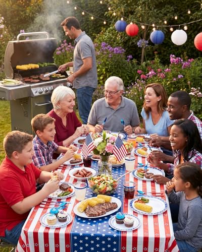 350 Piece 4th of July Blue Star Plastic Dinnerware Set | Disposable Dinnerware Includes: 100 Plates, 50 Pre Rolled Napkins with Silverware, 50 Cups - color: Red Blue, style: 350 Piece (50 guests)