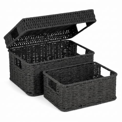 Wicker Storage Basket with Lid for Shelves, Set of 2, Black | One rectangular wicker basket with lid and one open basket for decorative shelf storage; removable lid flips into a tray. - color: Black, size: 12″× 10″× 5.5″