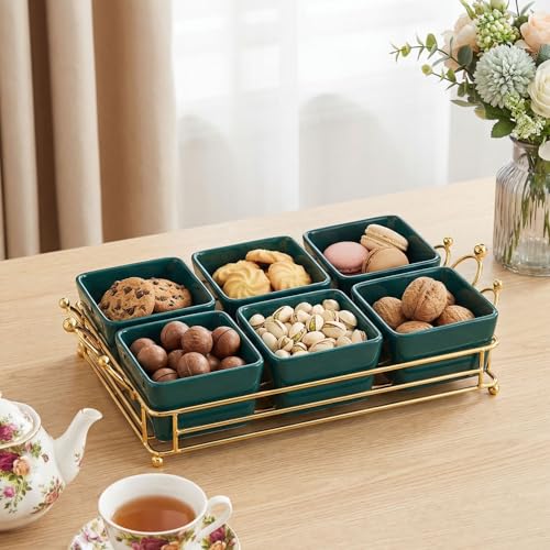YA JU Ceramic Bowls and with Lid Gold Basket Trays, 6 Removable Small Bowls Condiment Trays Nut Serving Set for Snacks, Fruits, Candy and Condiments - Great for Parties, Holiday Gifts, Green - color: Green 6 Removable snack Bowls