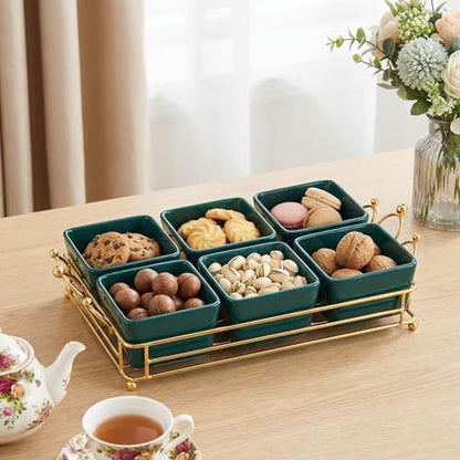 YA JU Ceramic Bowls and with Lid Gold Basket Trays, 6 Removable Small Bowls Condiment Trays Nut Serving Set for Snacks, Fruits, Candy and Condiments - Great for Parties, Holiday Gifts, Green - color: Green 6 Removable snack Bowls