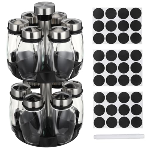 Double Layer Revolving Spice Rack Organizer, 12-Piece Empty Glass Jar Set with Marker Pen & Labels, Space-Saving Seasoning Storage Stand for Kitchen Countertop, BBQ, or Restaurant Storage
