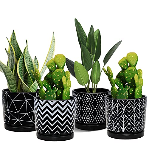 Flower Pots,5.5 Inch Black Ceramic Planters with Drainage Hole Set of 4 | Geometry Pots for Plants | Indoor Cylinder Plant Pots with Saucer | Cactus Succulent Pots | Outdoor Garden Pots | Garden Pots - color: Black