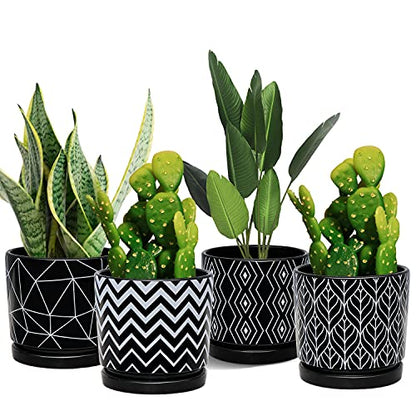 Flower Pots,5.5 Inch Black Ceramic Planters with Drainage Hole Set of 4 | Geometry Pots for Plants | Indoor Cylinder Plant Pots with Saucer | Cactus Succulent Pots | Outdoor Garden Pots | Garden Pots - color: Black