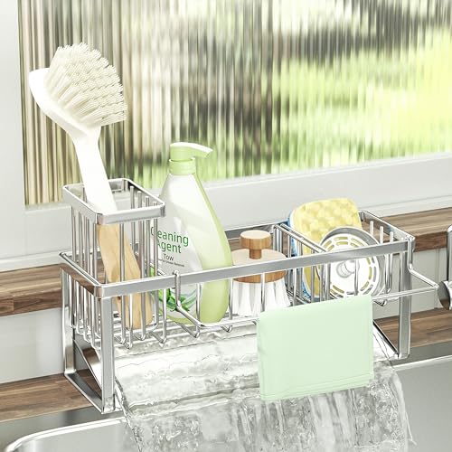 SWTYMIKI Sponge Holder for Kitchen Sink - Sink Caddy with Brush Holder and Stainless Steel Self Drain Tray, Sponge Caddy Organizer with Divider Kitchen Accessories Storage for Countertop, Silver - color: Silver