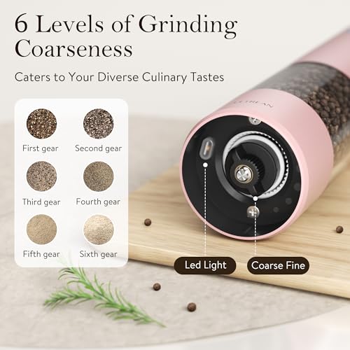 Ultrean Pepper Grinder, Rechargeable Salt and Pepper Grinder with 6 Adjustable Coarseness, LED Light, Automatic Grinder for Kitchen, Cooking Gifts for Women Valentines Day Gifts for Her, Pink - color: Pink