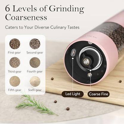 Ultrean Pepper Grinder, Rechargeable Salt and Pepper Grinder with 6 Adjustable Coarseness, LED Light, Automatic Grinder for Kitchen, Cooking Gifts for Women Valentines Day Gifts for Her, Pink - color: Pink