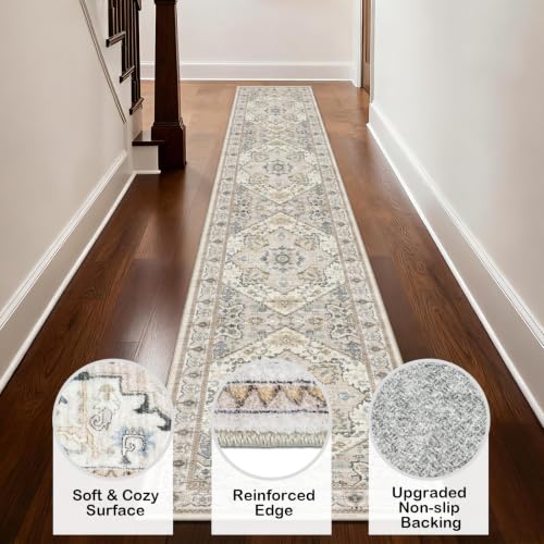 AooHHooA Boho Washable 2x10 Runner Rugs Beige Non Slip Low Pile Long Runner Rug, Stain Resistant Soft Faux Wool Runners for Hallway Laundry Entryway Bedroom - color: Beige, size: 2' x 10' (Runner)