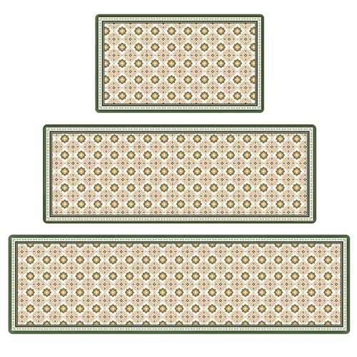 Vintage Floral Tile Kitchen Rug Sets of 3, Geometric Non Slip Mat for Floor | Thick Cushioned Anti-Fatigue Decor Runner Rug, PVC Soft Comfort Waterproof Standing Mat for Sink Laundry Front & Indoor Doors - color: Spring Pink Begonia, size: 18"x30"+18"x48"