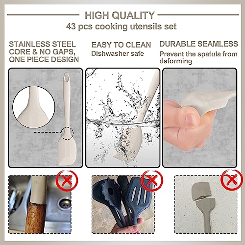 Silicone Kitchen cooking Utensils Set, AIKKIL 43 Pcs Heat Resistant Khaki Cooking Utensils Set, Turner, Tongs, Spoon, Spatula, Kitchen Gadgets Tools Set For Nonstick Cookware(Dishwasher, BPA Free) - color: Khaki