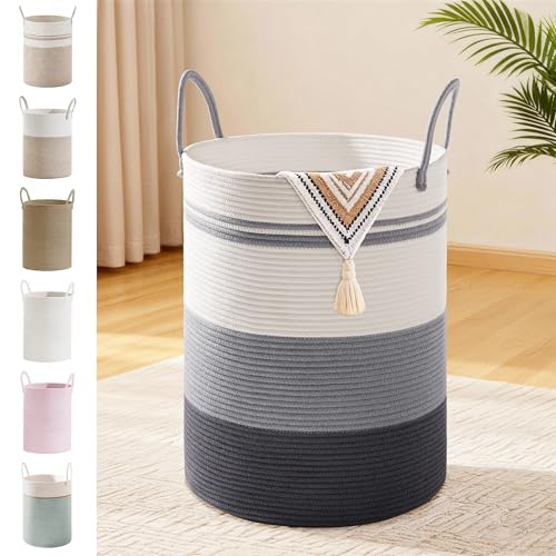 58L Tall Cotton Rope Laundry Basket with Handles, Grey Striped | Storage Bin for Clothes, Blankets & Kids Toys, Boho Woven Hamper, Portable Organizer for Nursery, Bedroom, Living Room - color: Grey Striped, size: 58L