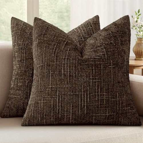 MIULEE Chenille Textured Throw Pillow Covers Reddish Brown 18x18 Set of 2 | Slubby Decorative Pillows, Boho Farmhouse Fall Home Decor, Modern Neutral Cushion Covers for Couch Sofa Bed Living Room - color: Reddish Brown, size: 18" x 18" (Pack of 2)