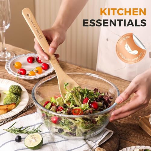 Wooden Spoons for Cooking Bamboo Utensils Set (6 Pieces) - Essential Tools Wooden Spoons & Spatula for Everyday Stirring, Mixing, Flipping & Serving, Gentle on Nonstick Cookware