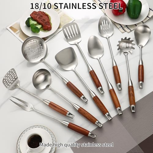 Izurok 18/10 Stainless Steel Kitchen Utensils Set,10 Piece Cooking Utensils With Wood Handle,Heat Resistant Kitchen Tool Set With Spatula,Spoon,Ladle,Skimmer,Slotted Turners,Pasta,Turner,Ladl,Fork - color: SILVER-10 Pieces, size: Large