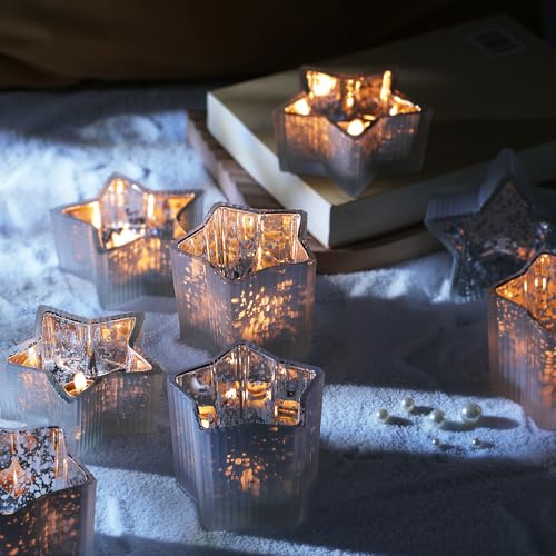 Letine 10pcs Frosted Silver Ribbed Star Candle Cups - Assorted Height Tea Light Candle Holders, Mercury Glass Votives for Wedding, Fall Table Centerpiece& Holiday Decorations (Tall 2.44", Short 1.57") - color: Frosted White, size: 10pcs