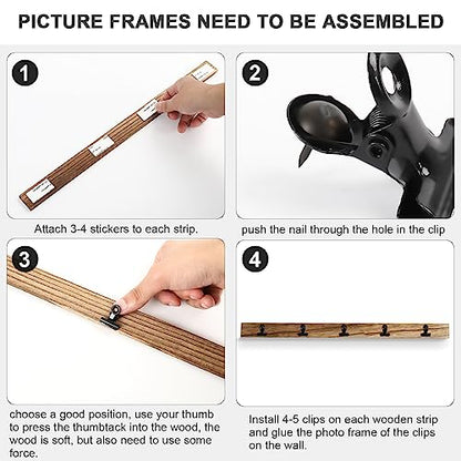6 Wooden Wall Hanging Photo Frames With 27 Clips, Decorative Collage Picture Frame, No Drilling Required, Adhesive Stickers, Easy to Install, Carbonized Brown - color: Brown