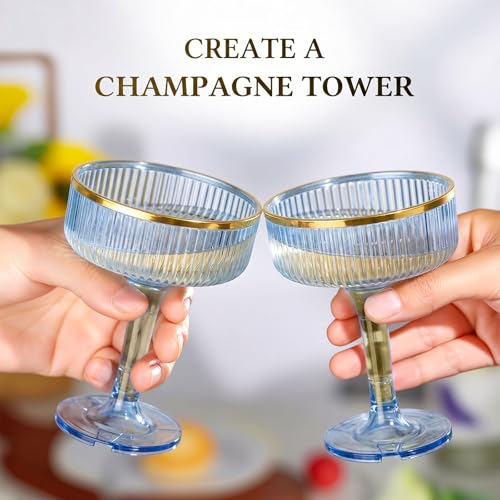 Goodluck 4-Tier Blue Champagne Tower - 20PCS 7oz Champagne Flutes Gold Rim | Plastic Coupe Glasses with Vertical Stripes for Weddings, Celebrations, Parties & Birthdays - color: Blue Gold Rim