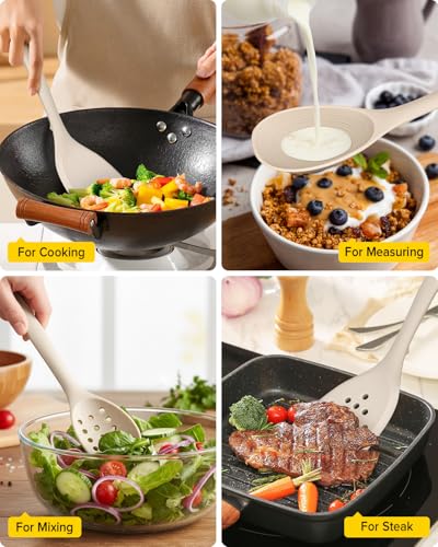 Pack of 4 Silicone Cooking Utensils Set, Non Stick Solid Spatulas and Heat Resistant Slotted Spoons with Back Hooks, Ideal BPA Free Kitchen Utensils Set for Frying,Serving,Turning,Stirring(KHAKI) - color: Khaki