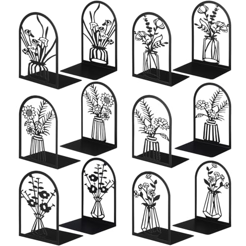 Feifeiya 6 Pairs Decorative Book Ends Metal Bookends for Shelves Black Metal Heavy Duty Book Ends Holder Supports Stoppers for Home Office School, 6.9x4.9x3.5”(Vase) - style: Vase