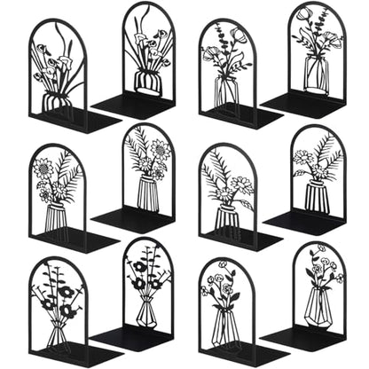 Feifeiya 6 Pairs Decorative Book Ends Metal Bookends for Shelves Black Metal Heavy Duty Book Ends Holder Supports Stoppers for Home Office School, 6.9x4.9x3.5”(Vase) - style: Vase