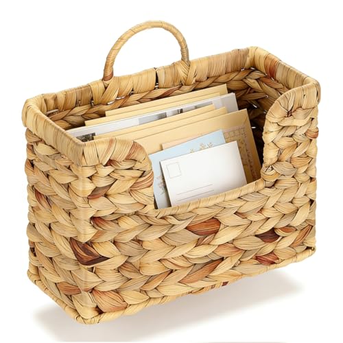Hanging Magazine Basket, Woven Wall Magazine Holder Organizer with Handle for Mail, Files, Books - Water Hyacinth Farmhouse Storage Rack for Bathroom, Kitchen, Office - color: Water Hyacinth