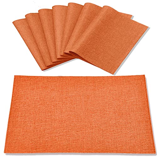 Linen Placemats Set of 8, Machine Washable, Heat Resistant, Wrinkle Free, Thick Polyester Kitchen Place Mats for Dining Table (Orange) - color: Orange, size: Placemats 12'' x 18'', Set of 8