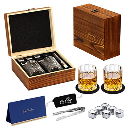 Whiskey Set Gifts for Men, DIOXADOP 6 Stainless Steel Whisky Stones 2 Crystal Whisky Glasses 1 Blessing Card in a Exquisite Wooden Box, Prepare a Gift for Whiskey Scotch Bourbon Lover - color: Stainless Steel Whisky Set