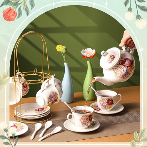 Zhehao 20 Pcs Porcelain Tea Set with Metal Holder and Spoon Adult Ceramic Tea Set European Flower Painting Teapot Cup Saucer Spoon for Women Mom Gift, Large Version (Groovy Style) - color: Styleish Style