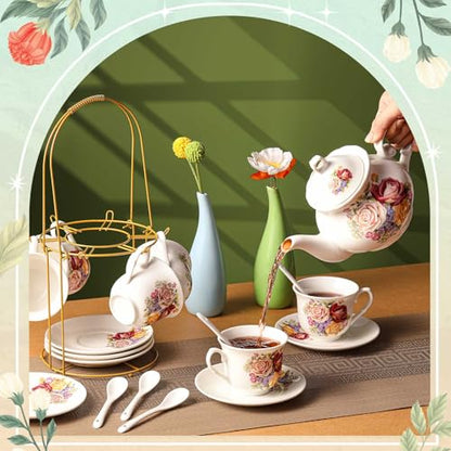 Zhehao 20 Pcs Porcelain Tea Set with Metal Holder and Spoon Adult Ceramic Tea Set European Flower Painting Teapot Cup Saucer Spoon for Women Mom Gift, Large Version (Groovy Style) - color: Styleish Style