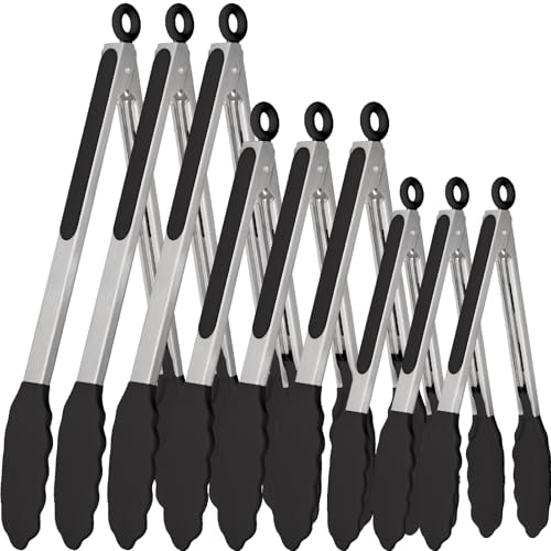 9 Pieces Silicone Tongs for Cooking 7,9,12 inches Kitchen Tongs with Silicone Tip Stainless Steel Heat Resistant Cooking Tongs for Food Grill Salad BBQ Frying and Serving, Black - color: Black