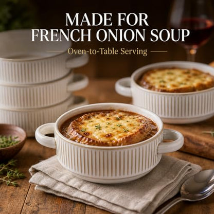 French Onion Soup Bowls with Handles, 26 oz Oven Safe Ceramic Soup Crocks Set of 4, Large Soup Bowls for Chili, Beef Stew, Gumbo, Microwave & Dishwasher Safe