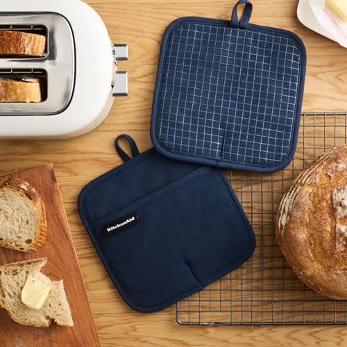 KITCHENAID Gourmet Series Gridlines Pot Holders 2-Pack Set, Heat Resistant up to 600°F, Soft Silicone Grip, Magnetic Cuff, Ink Blue, 8"x8" - color: Ink Blue
