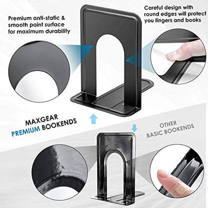 MaxGear Matte Painted Book Ends, Heavy Duty and Sturdy Bookends for Shelves | Office Non-Skid Metal Book End Stopper for Books/CDs/DVDs, 6 x 4.6 x 6 in, Black, 2 Pairs/4 Pieces, Large - size: Large - 2 Pairs